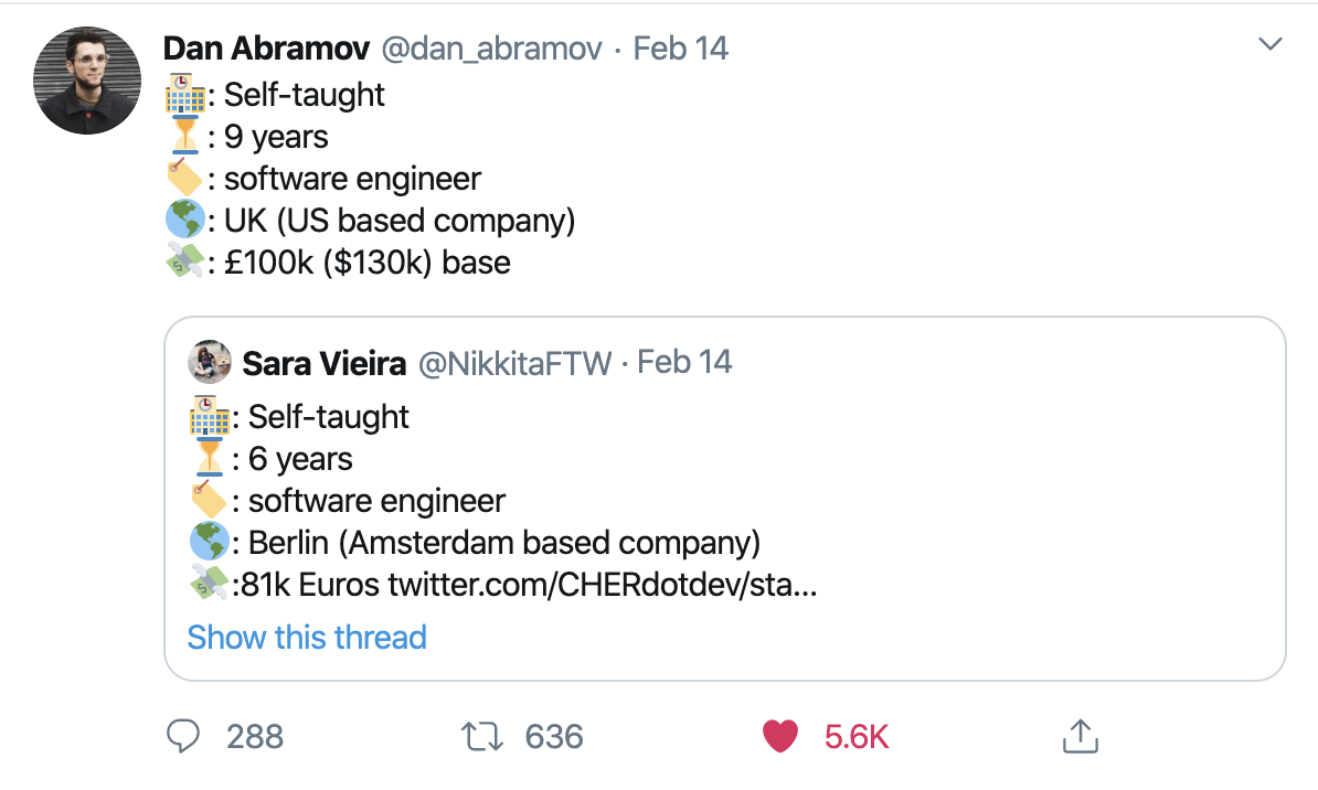 Screenshot of Dan Abramov and Sara Vieira's career facts tweets